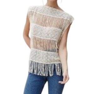 Anthropologie Callahan‎ Cream Crochet Fringe Short Sleeve Top, Size Small